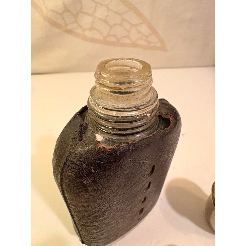 Antique Glass Hip Flask Leather Wrapped Metal Cup Cap Pocket Spirit Bottle 5.5in